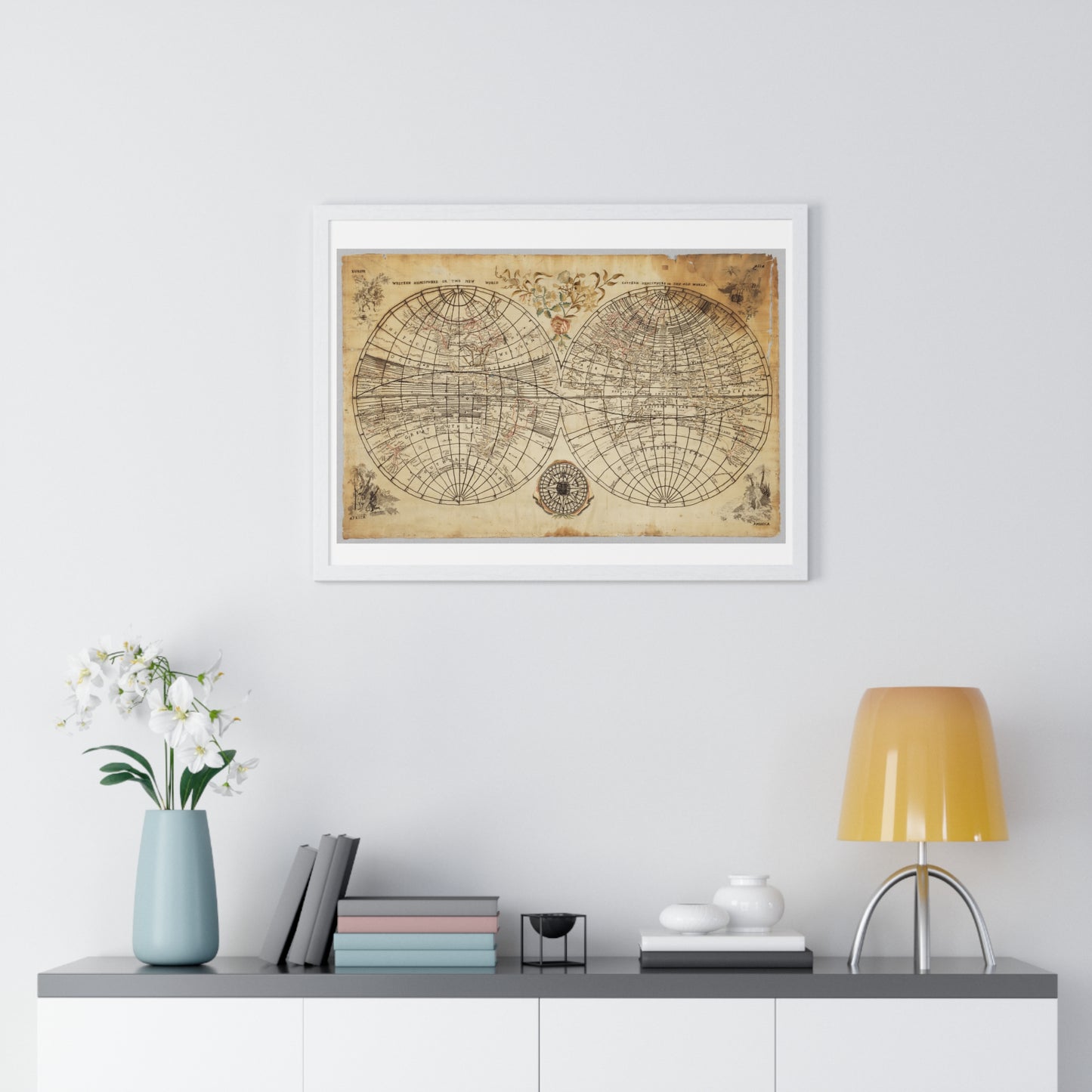 Antique Textile World Map Sampler (1790s) from the Original, Framed Print