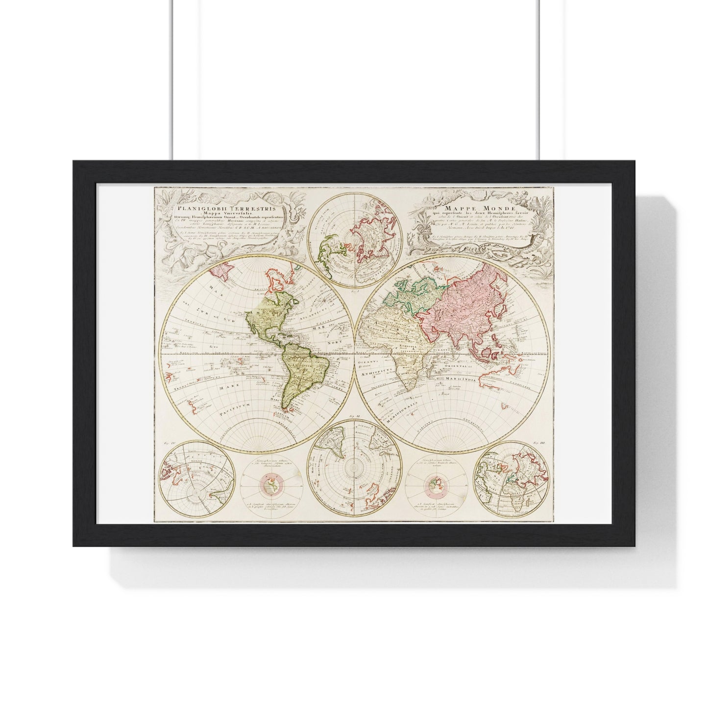 Antique Map of the World, Planiglobii Terrestris, Mappa Universalis (1746) by Johann Baptist, from the Original, Framed Print