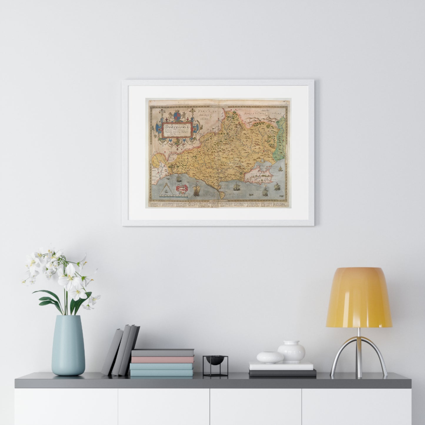 Tudor Antique Map of Dorset from Lord Burghley's Atlas (1579) from the Original, Framed Print