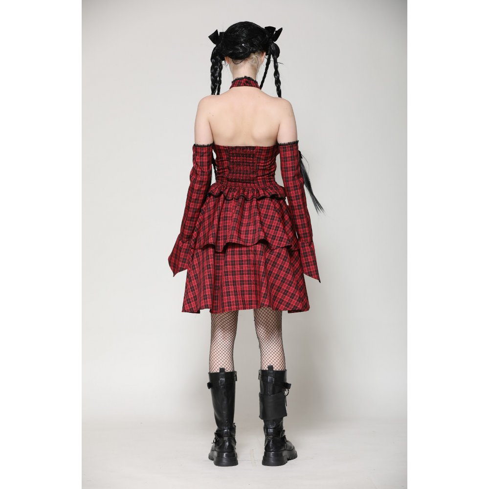 Dark in Love Rosalind Black and Red Tartan Cold Shoulder Halter Neck Dress