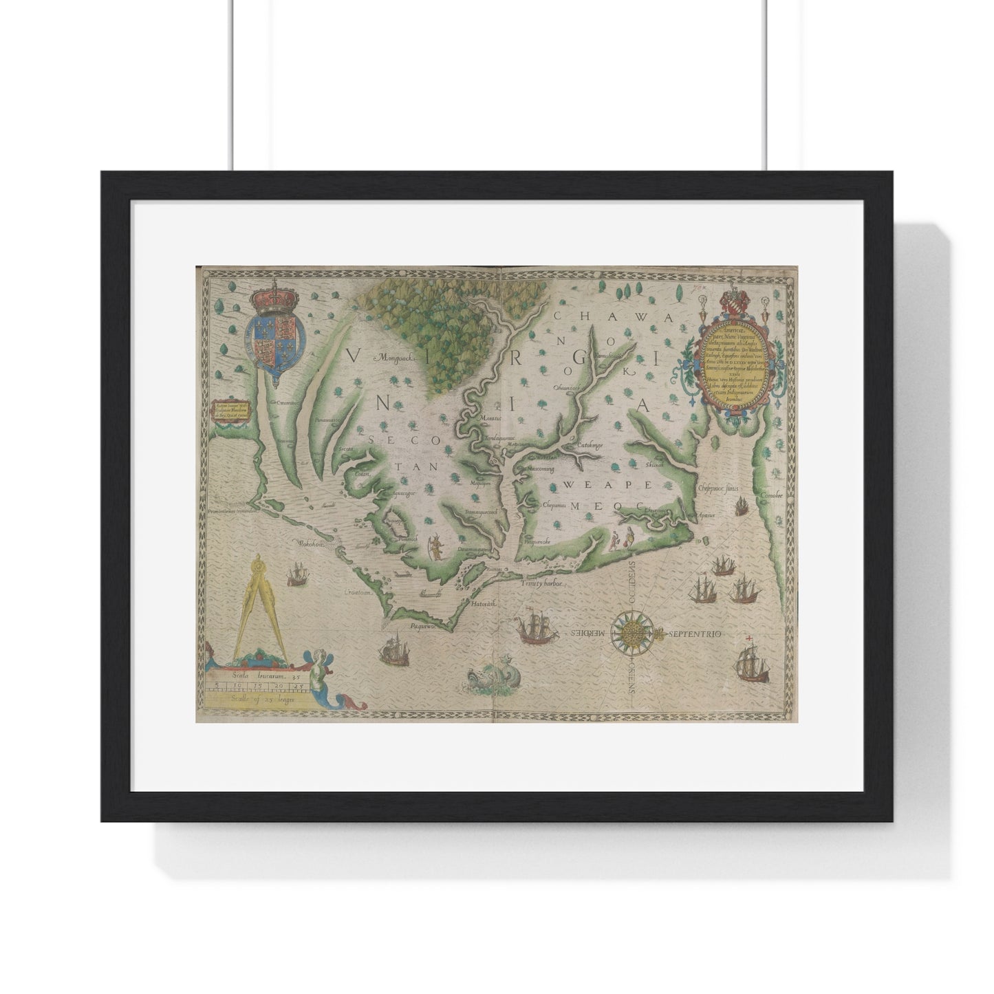 Engraved Map of Virginia (1618) Showing the Arrival of Sir Walter Raleigh's Expedition, from the Original, Framed Print