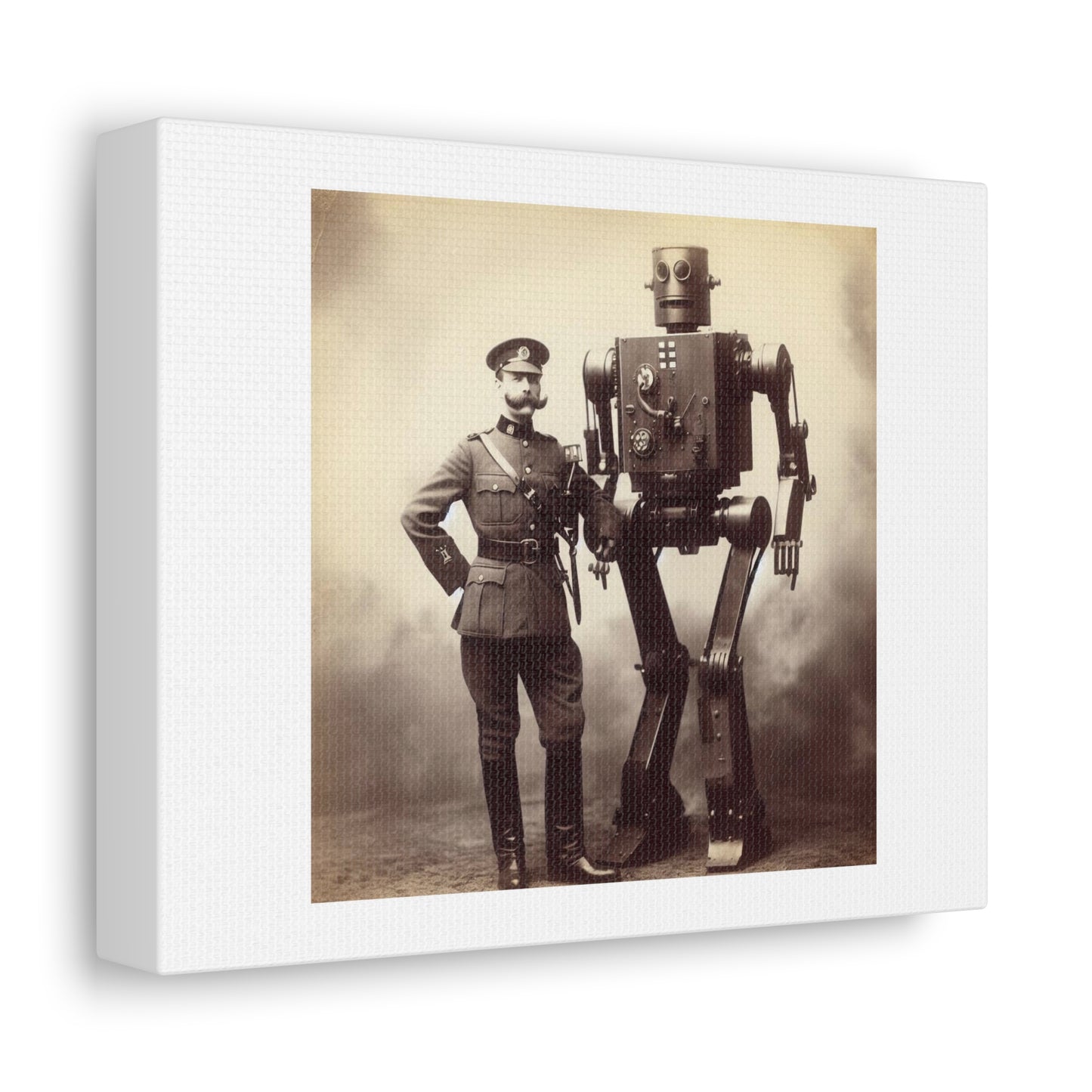 Robot Supersoldiers In World War One But They Were Moustacheless Art Print 'Designed by AI' on Satin Canvas