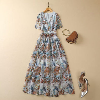 Vireous Short Sleeve Abstract Print Long Dress, Spring and Summer Collection