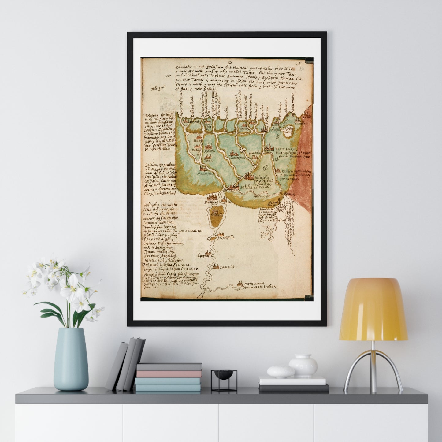 Antique Map of Lower Egypt (circa 1607) from the Original Sir Walter Raleigh Manuscript, Framed Print