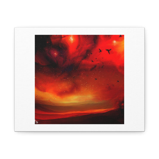 Starry Night, Reds and Oranges, With Birds 'Designed by AI' on Canvas