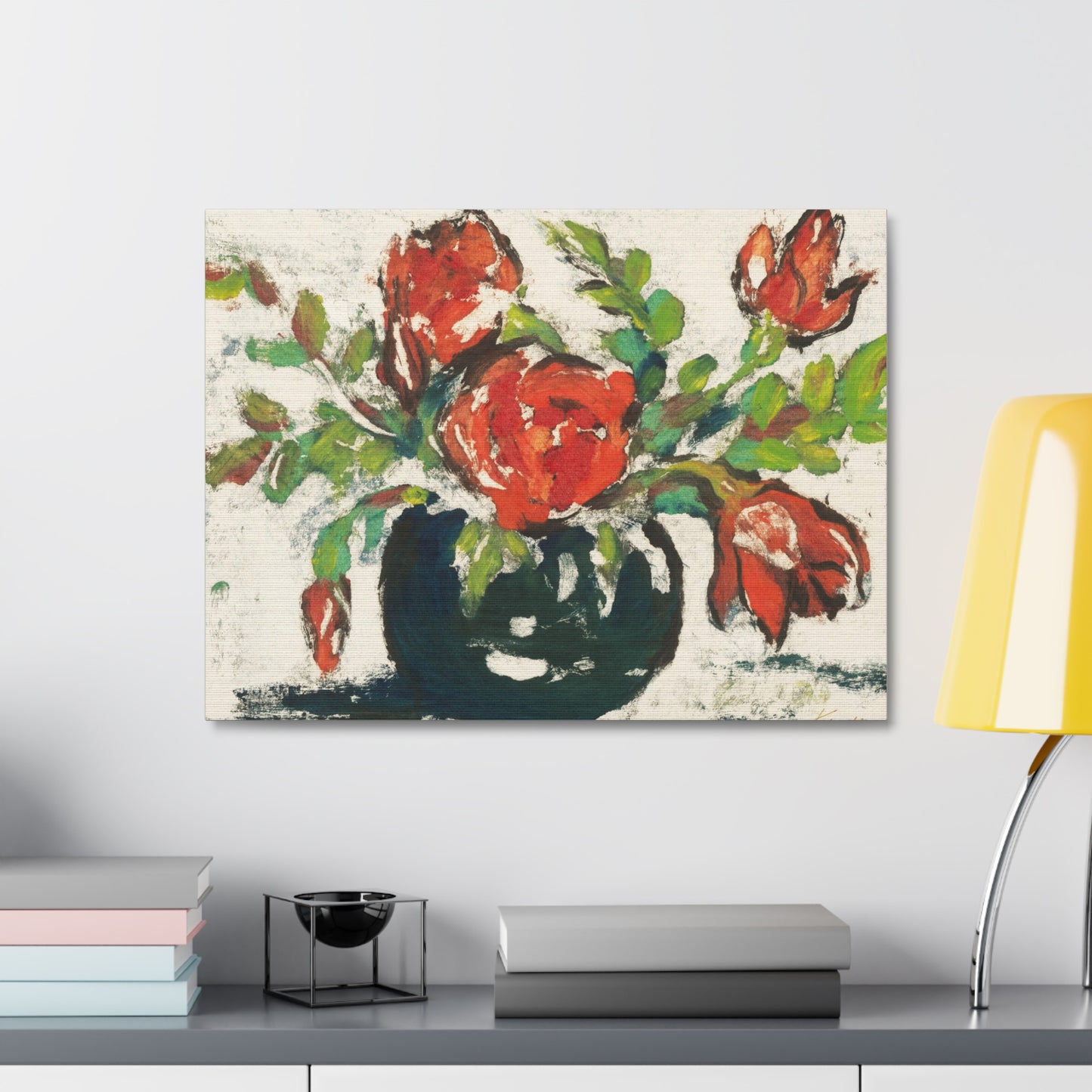 Bouquet, Flower Vase Art Print on Satin Canvas, Stretched