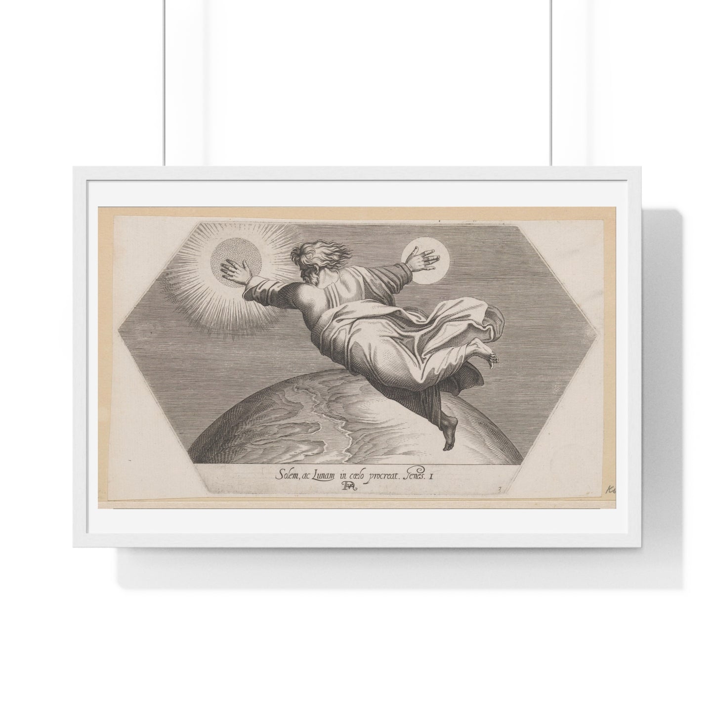 God Schept de Zon en de Maan (1626) by Francesco Villamena and Rafaël, from the Original, Framed Art Print