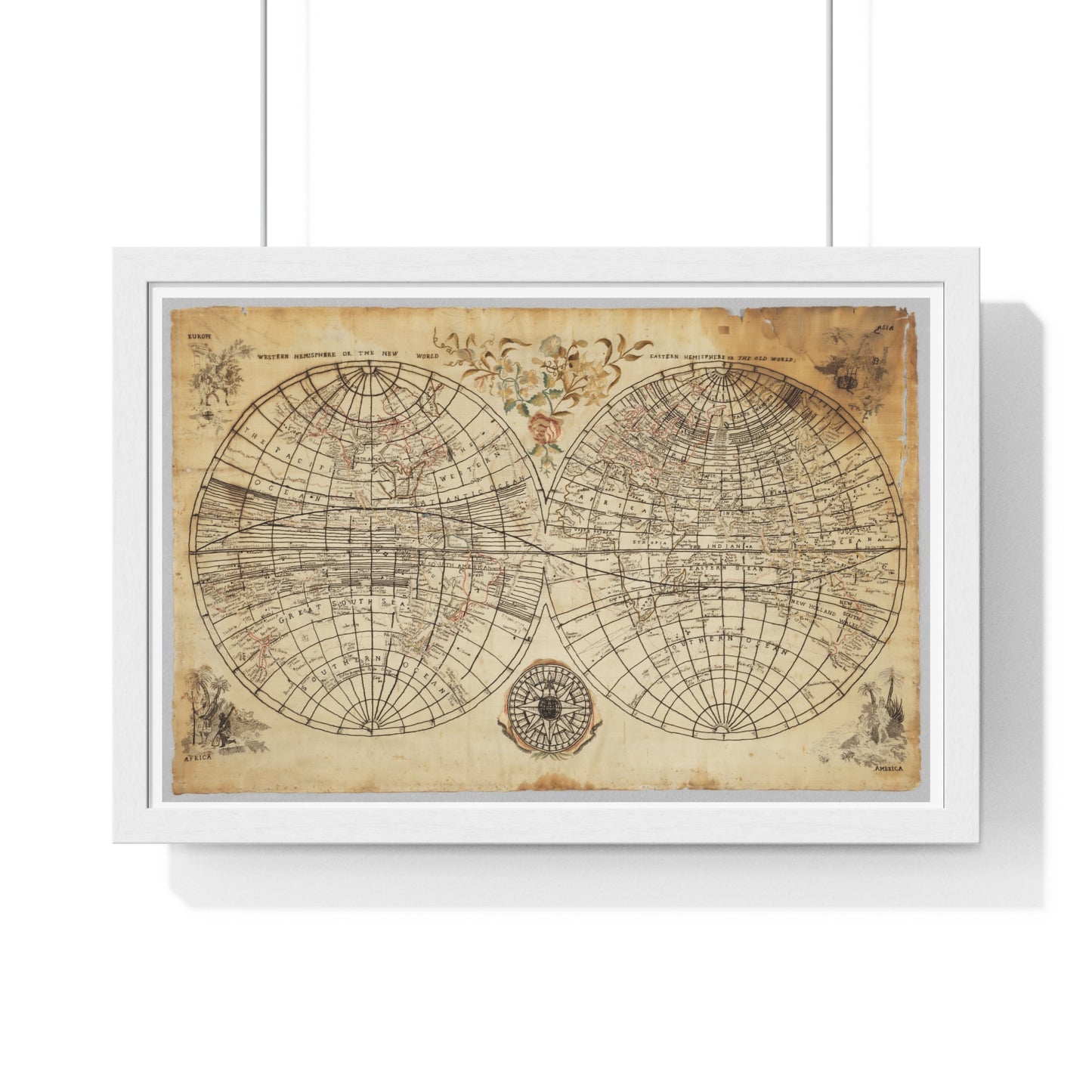 Antique Textile World Map Sampler (1790s) from the Original, Framed Print
