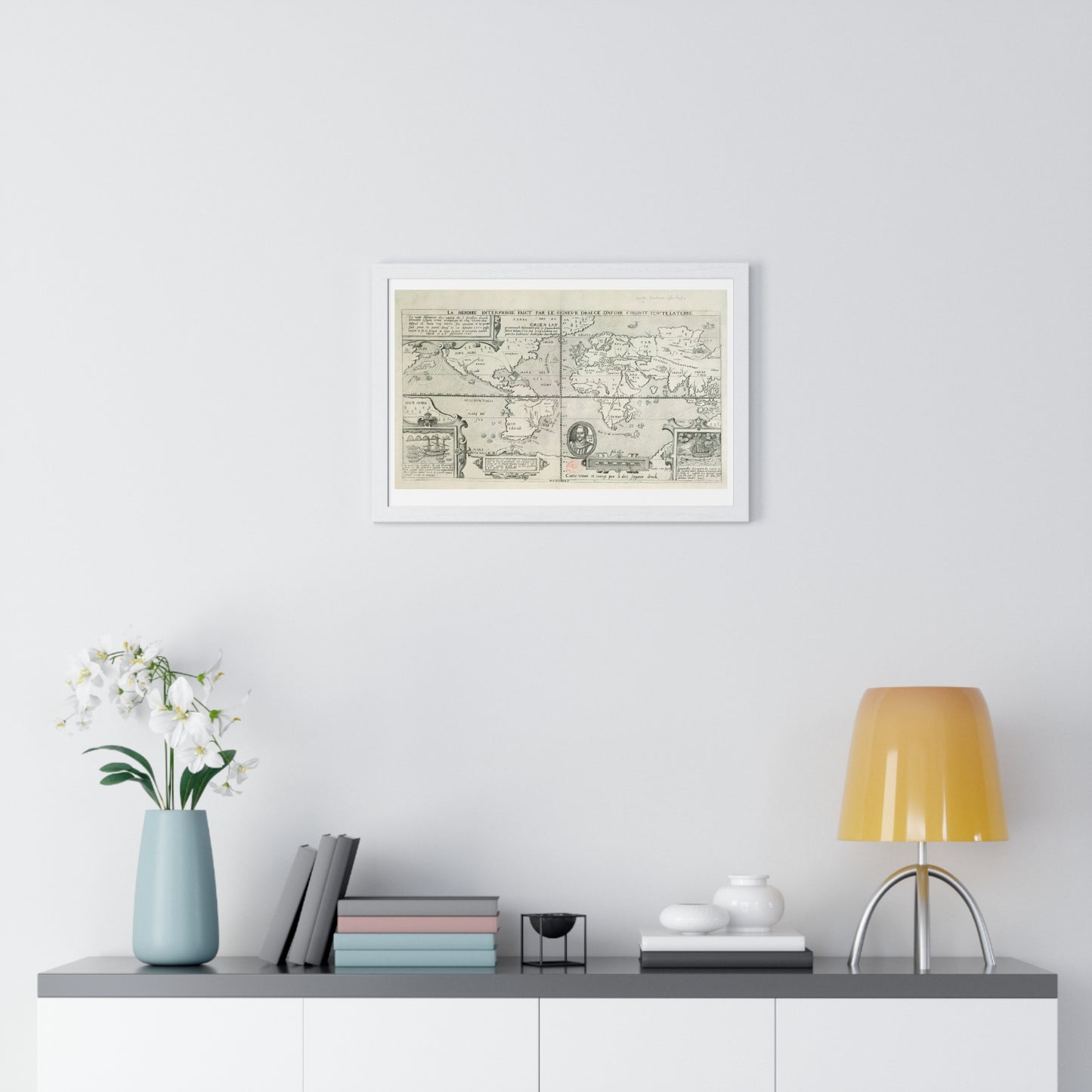 Francis Drake's World Voyage, Tudor Antique Map (circa 1581) from the Original, Framed Print