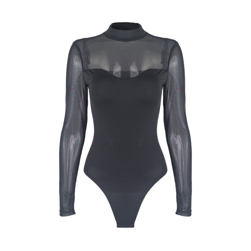 Black Slim-Fit Base Wear Voile Sheer Jumpsuit