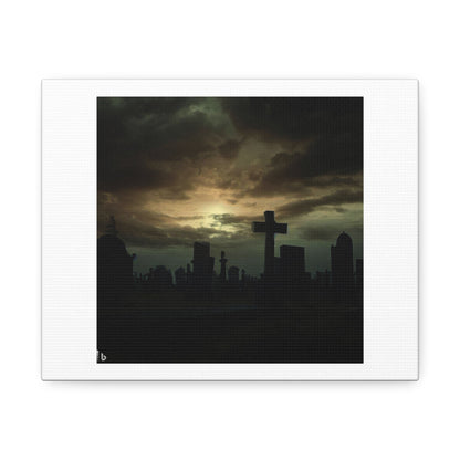 Sunset On a Cemetery, Dark, Dreary, Gloomy by Greg Rutkowski 'Designed by AI' Print on Satin Canvas