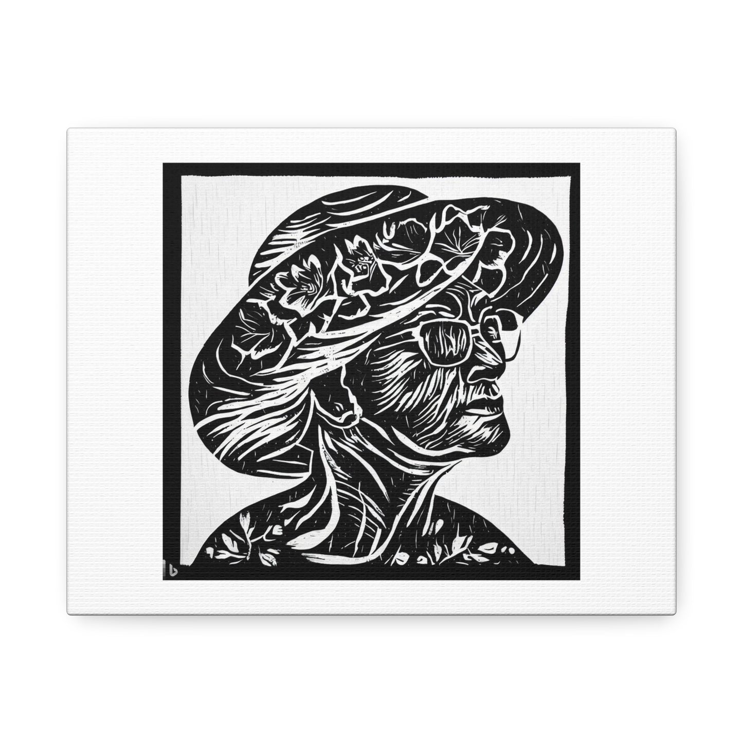 Portrait of an Elderly Woman in a Floral Hat, Linocut 'Designed by AI' on Canvas