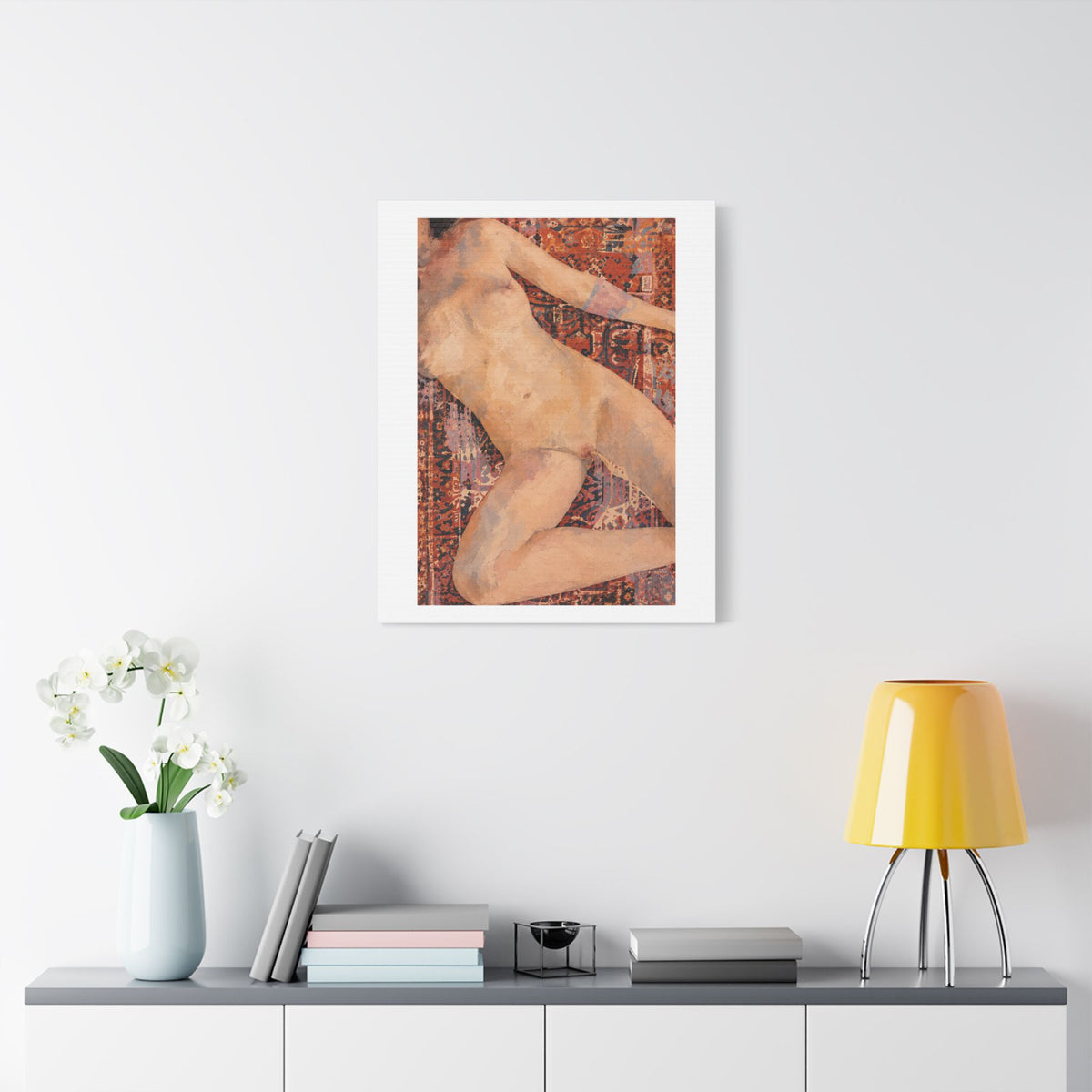 Textured Reclining Figure on Persian Rug, Art Print on Satin Canvas, Stretched