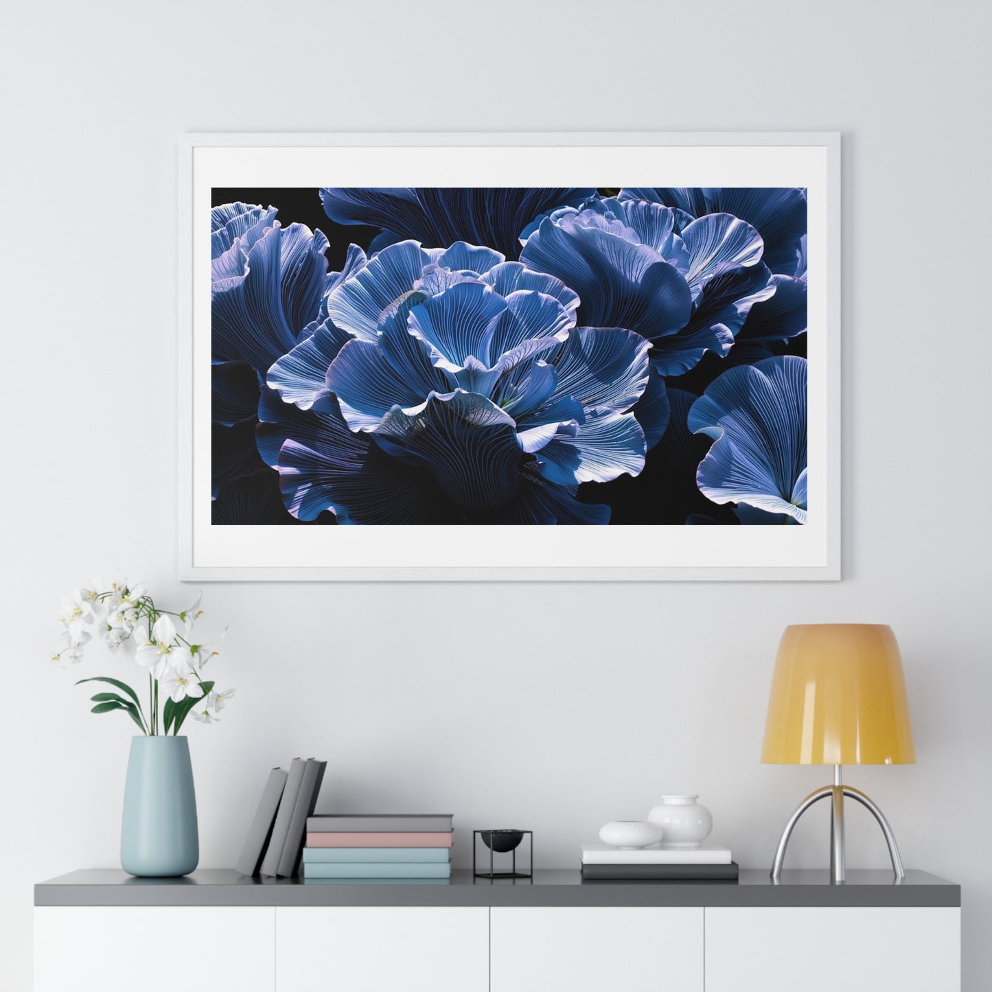 Iris Petals, Blue Vibrant Art 'Designed by AI' Framed Print