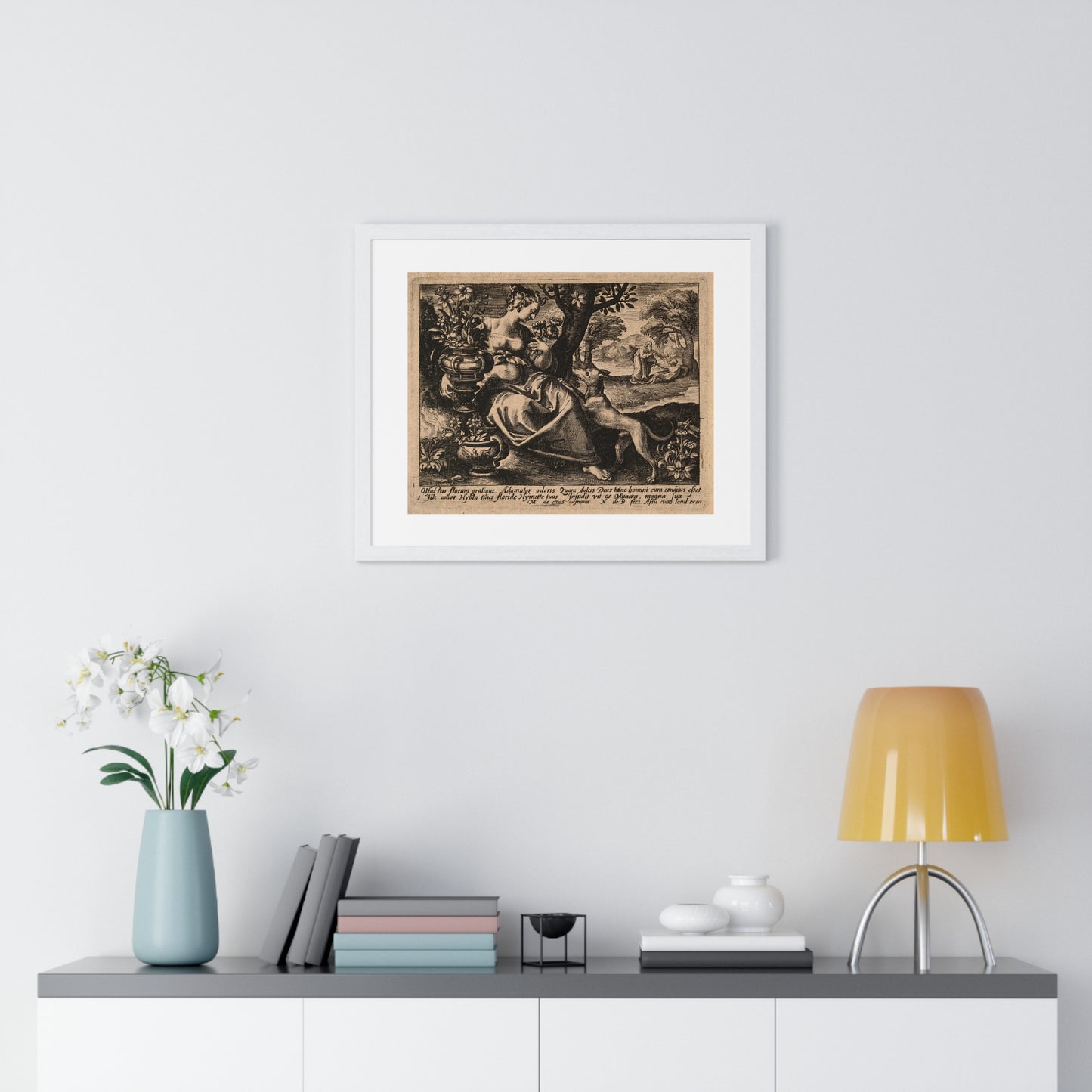 Woman in a Garden with Flowers, God Blows Spirit into Adam's Body, Reproduction Flemish Engraving, Framed Art Print