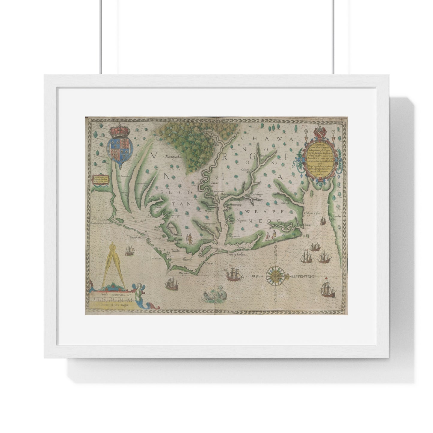 Engraved Map of Virginia (1618) Showing the Arrival of Sir Walter Raleigh's Expedition, from the Original, Framed Print