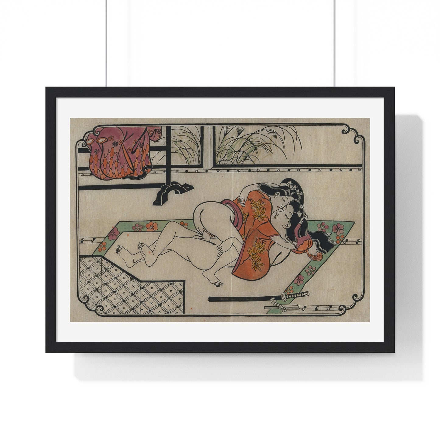 Young Couple Making Love, Coloured Reproduction of a Woodcut by Moronobu (1680s) Framed Art Print