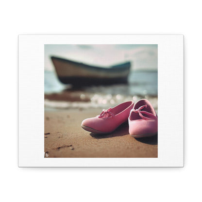 Pair Of Pink Shoes On a Beach With a Boat Photorealism 'Designed by AI' Art Print on Canvas