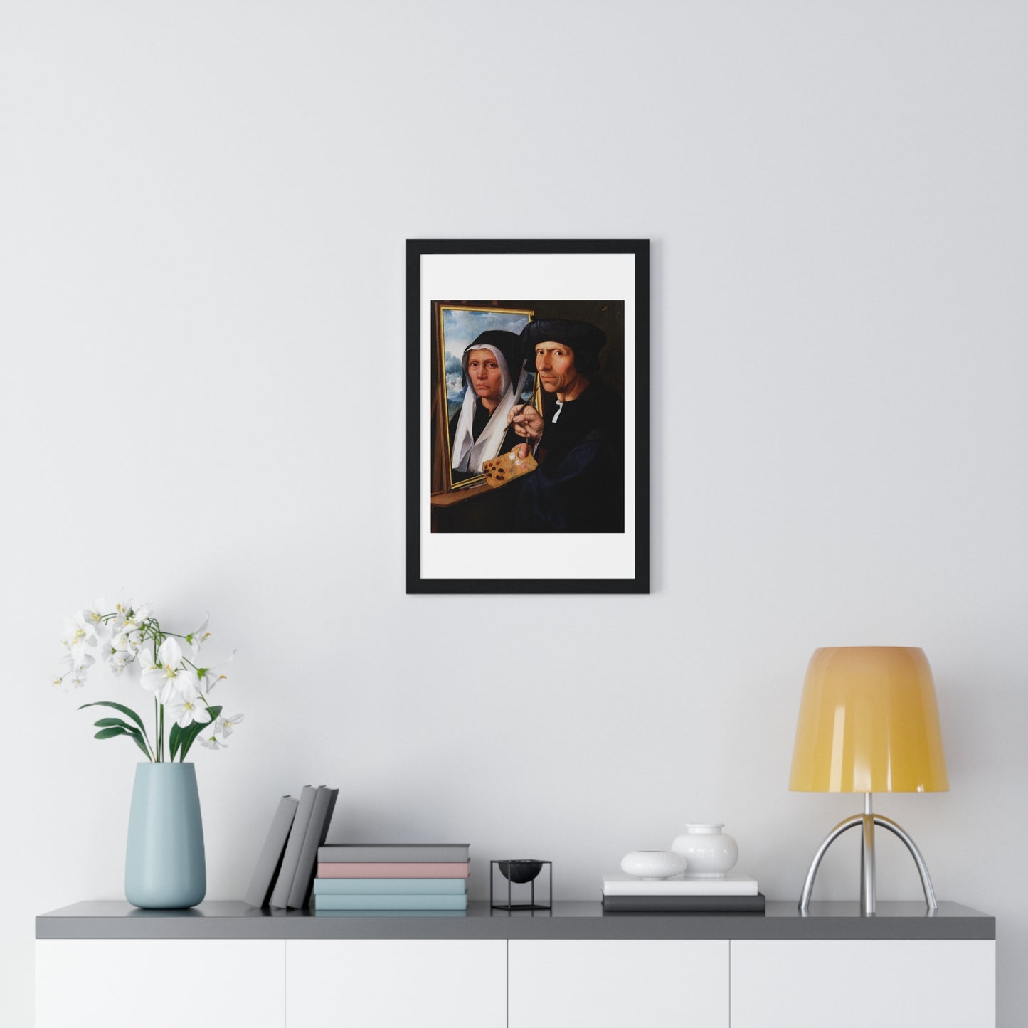 Jacob Cornelisz van Oostsanen Painting a Portrait of His Wife (circa 1550) by Dirck Jacobsz, from the Original, Framed Print