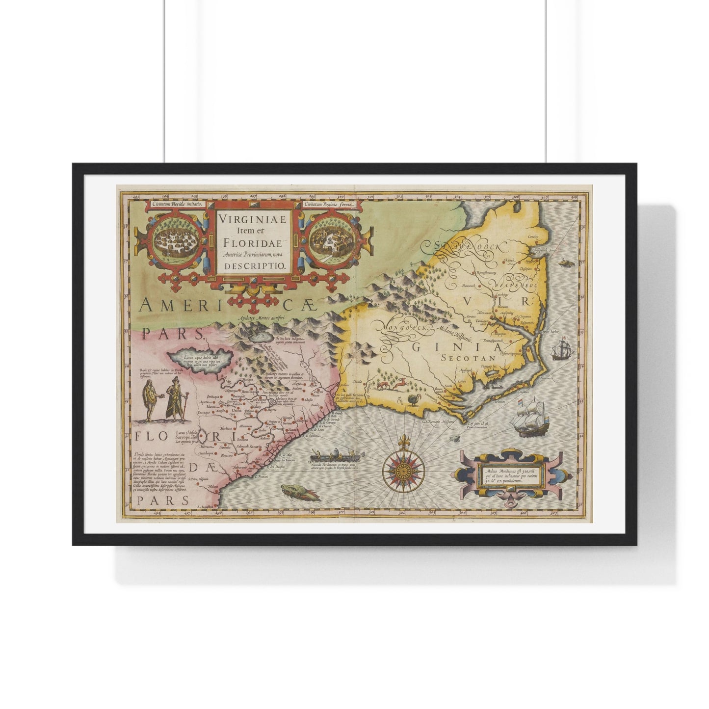 Historic Map of the American South: Virginia Item et Floridae (1606) by Gerardus Mercator and Jocodus Hondius, Framed Print