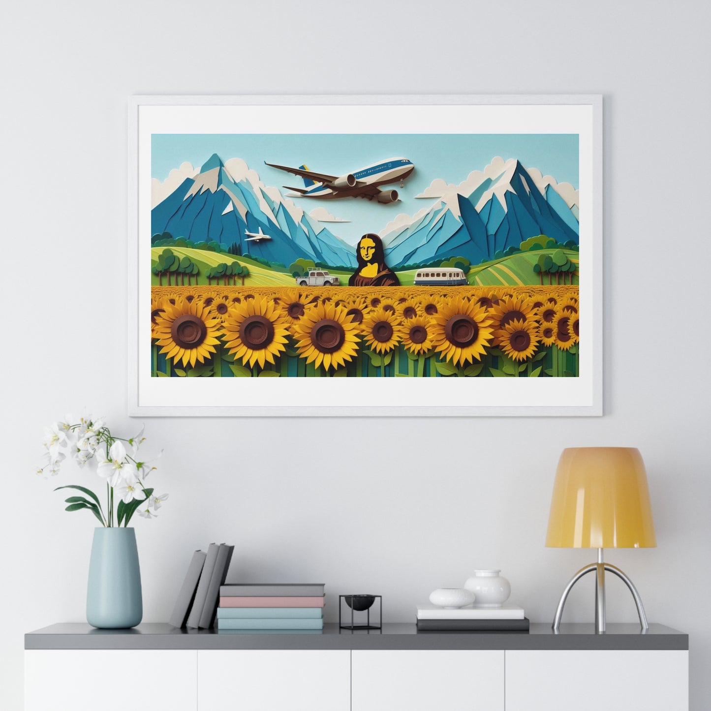 Mona Lisa in a Sunflower Meadow, Abstract Art 'Designed by AI' Framed Print