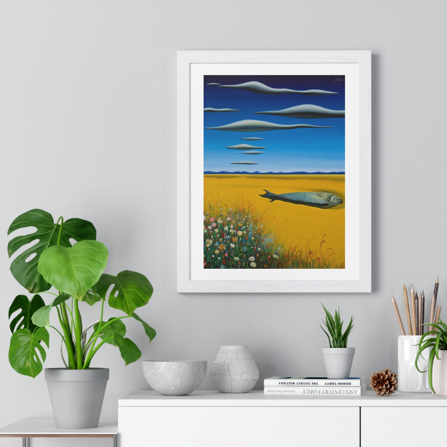 Yellow Meadow with Flowers, Surrealist Art 'Designed by AI' Framed Print