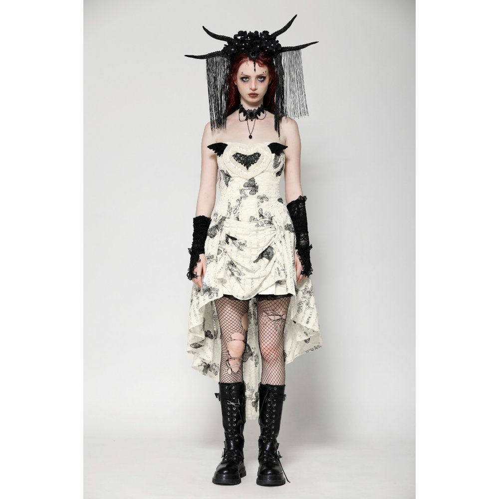 Dark in Love Zosia Punk Gothic Butterfly Embroidered Lace Dress in Beige
