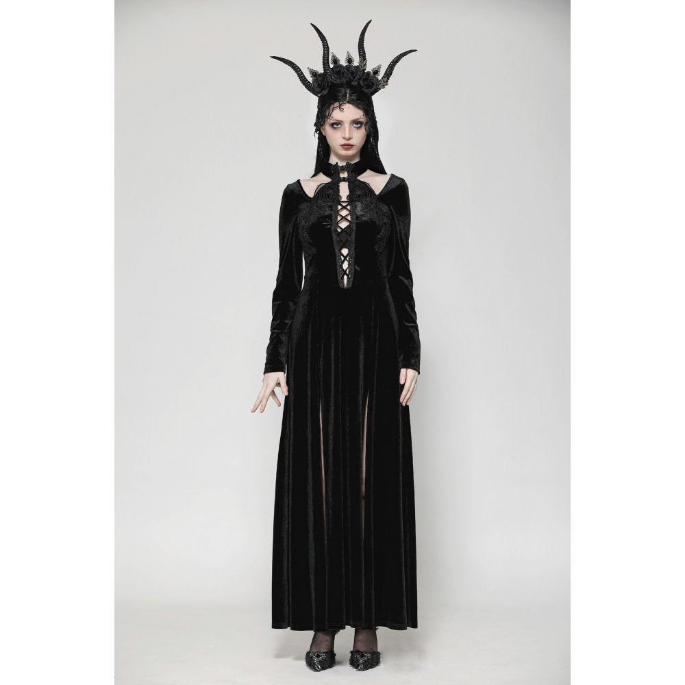 Dark in Love Vera Gothic Velvet High-Slit Maxi Dress with Hollow Neckline, Embroidered Buttons