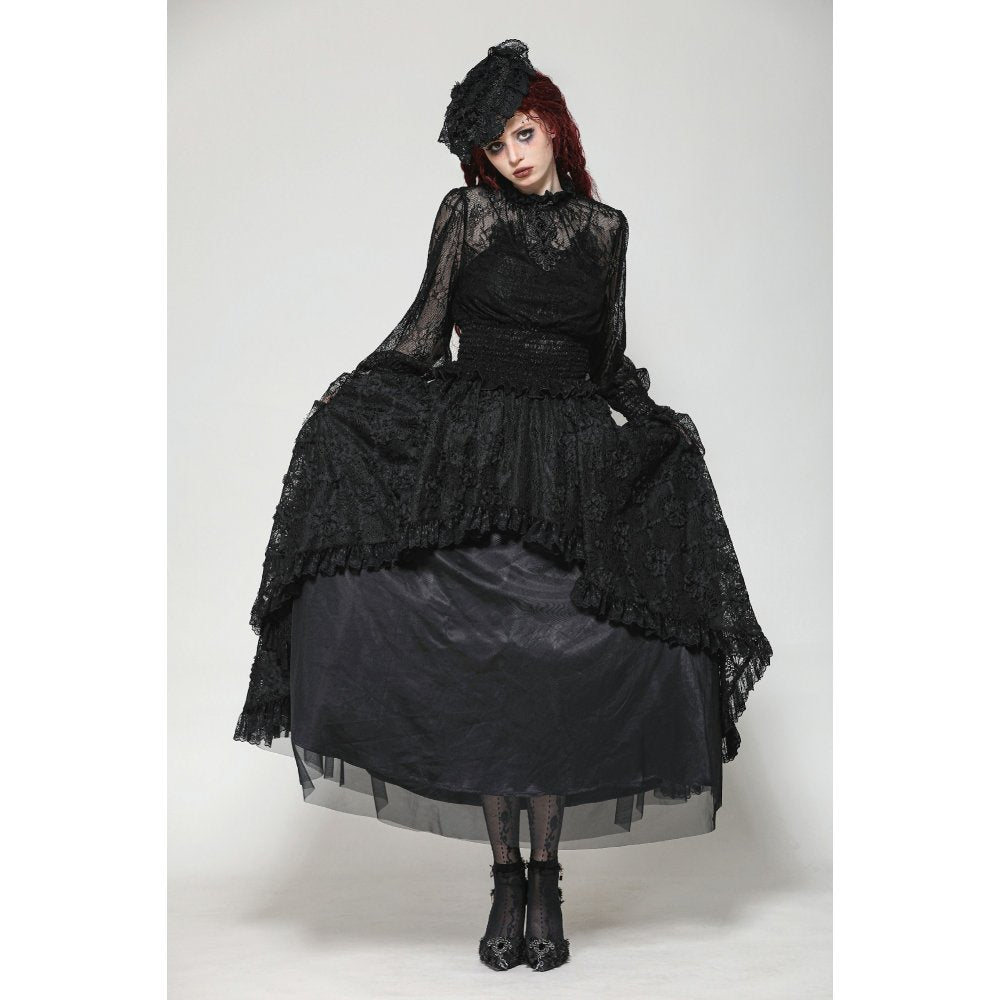 Dark in Love Aoife Black Hollow Lace Elastic Pleated-Waist Eyelash Lace Cuff Top