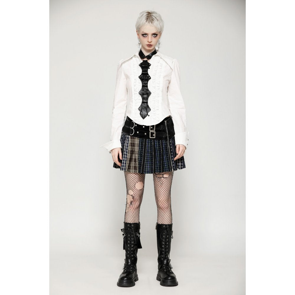 Dark in Love Sage Tartan Patchwork Leather-Waist Pleated Mini Skirt