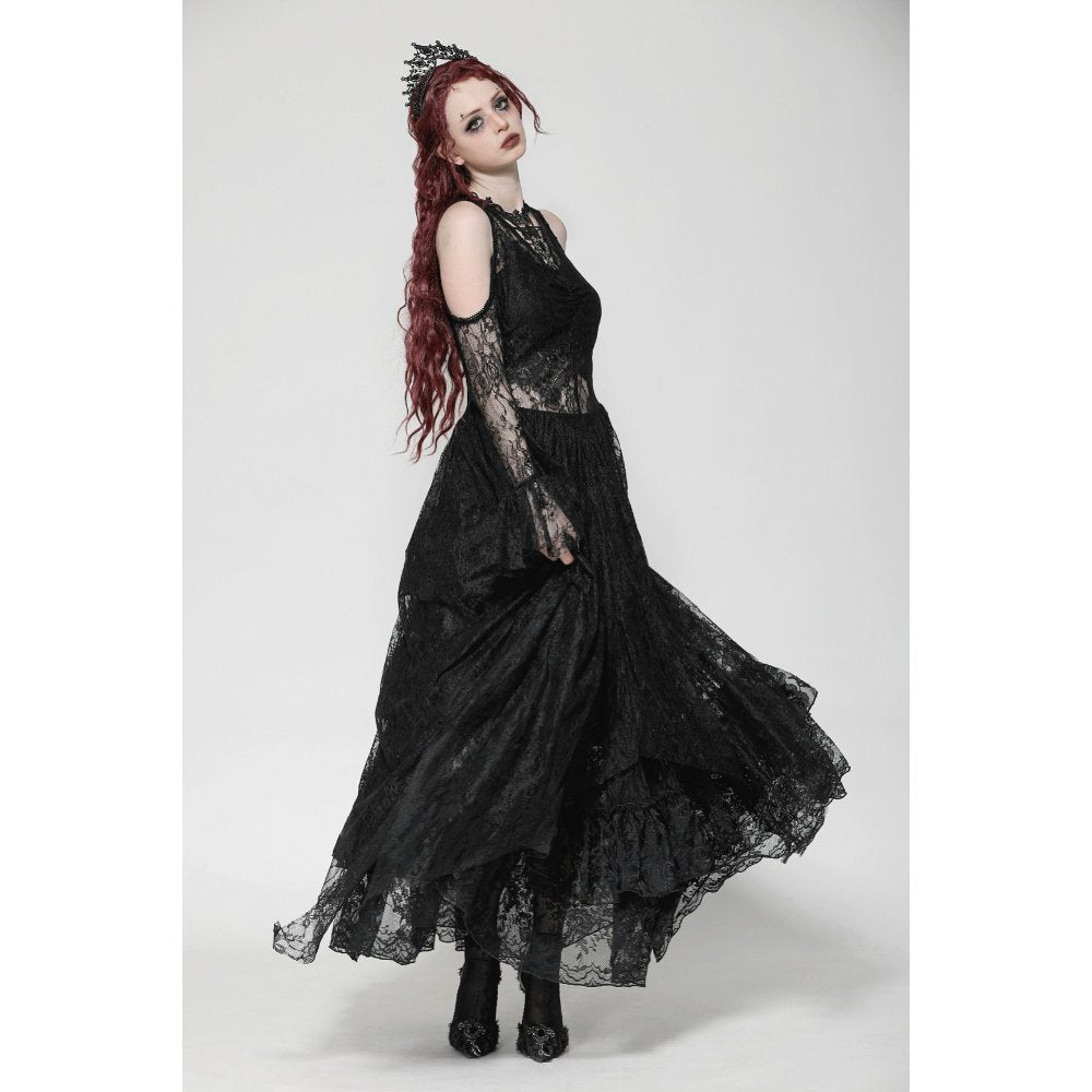 Dark in Love Carys Black Gothic Asymmetrical Lace Off-Shoulder Dress with Rhinestone Detail