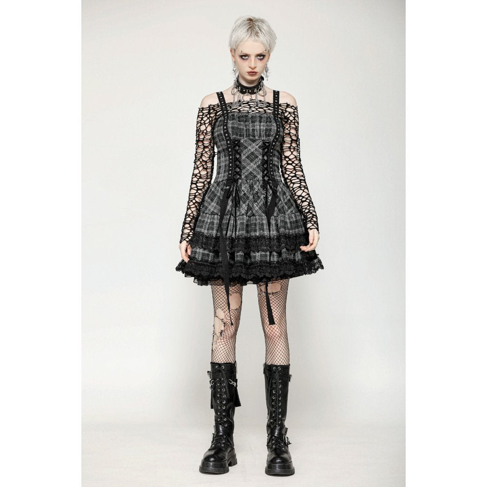 Dark in Love Ida Punk Grey Tartan Metal-Studded Dress