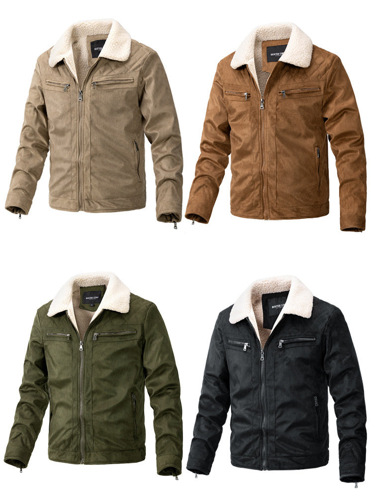 Men's Suede Fabric Jacket, Berber Fleece Collar Short Coat