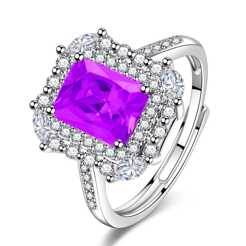 Crystal Square Design, Sparkling Yellow or Purple Citrine Adjustable Ring
