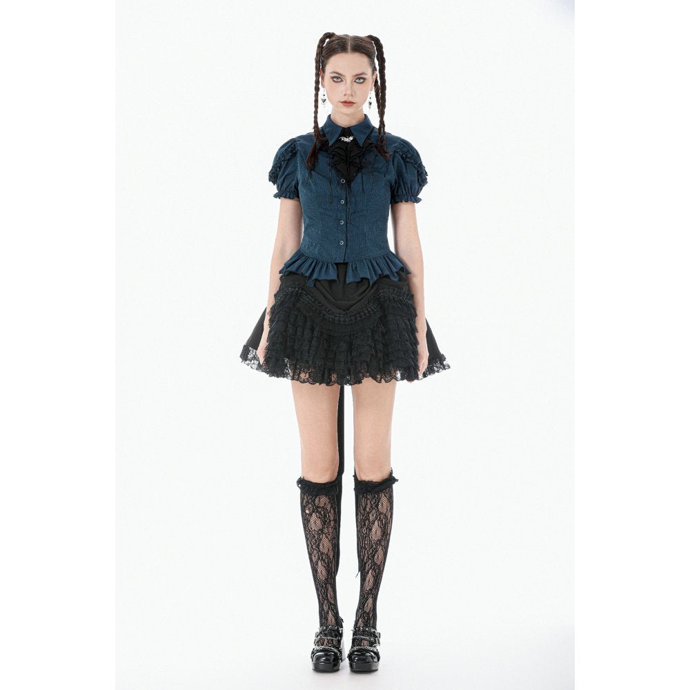 Dark in Love Gothic Academy-Striped Puff-Sleeve Blouse