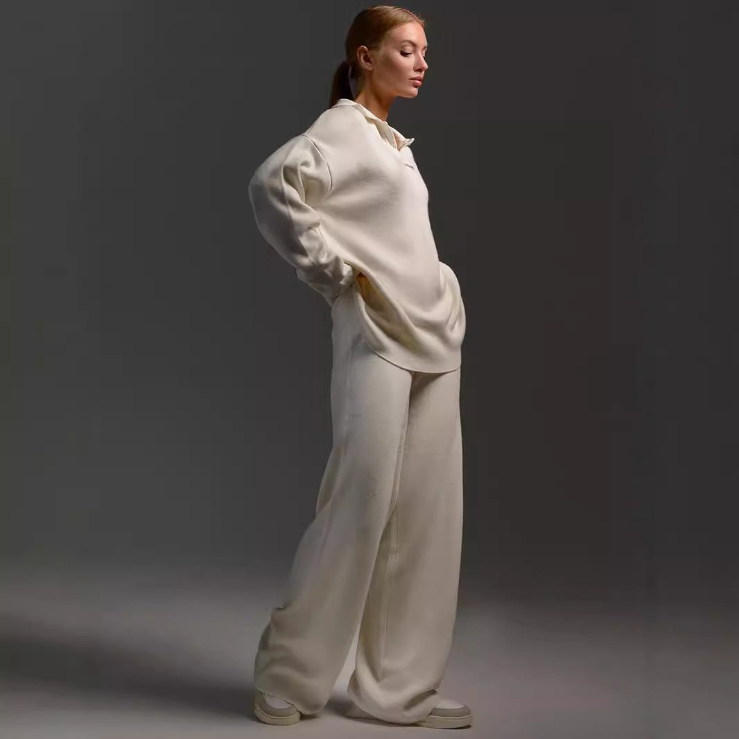 Women's Knitted Fashion Suit, Casual Collared Loose Pants Set