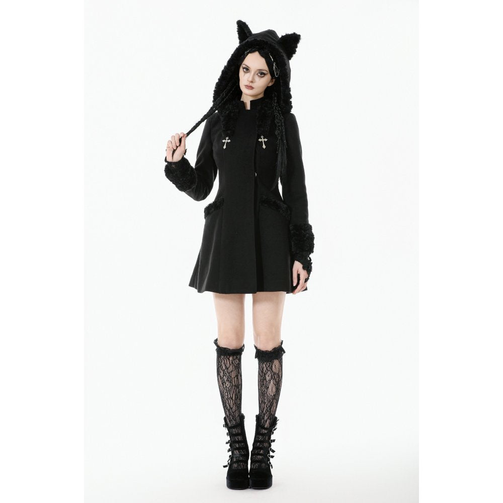 Dark in Love Cat-Ear Faux Fur-Trim Gothic Hooded Coat