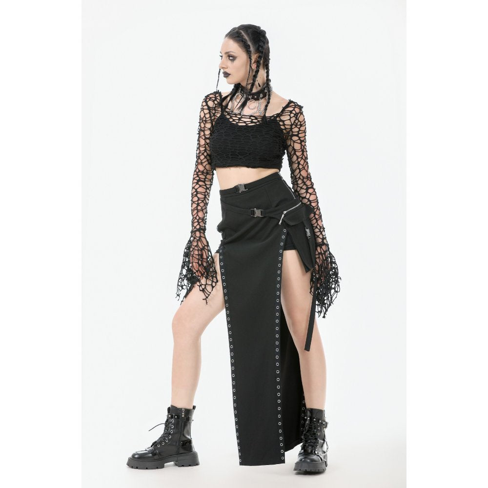 Dark in Love Morana Mesh Crochet-Knit Bell Sleeve Crop Top