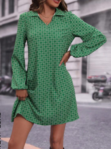 Vireous Long Sleeve Geometric Print Polo Collar Dress