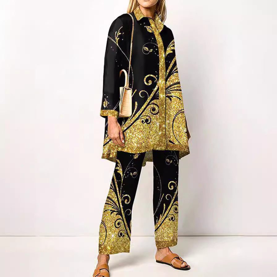 Women's Long-Sleeve Bold Print Barbarella-Style Two-Piece Trouser Suit