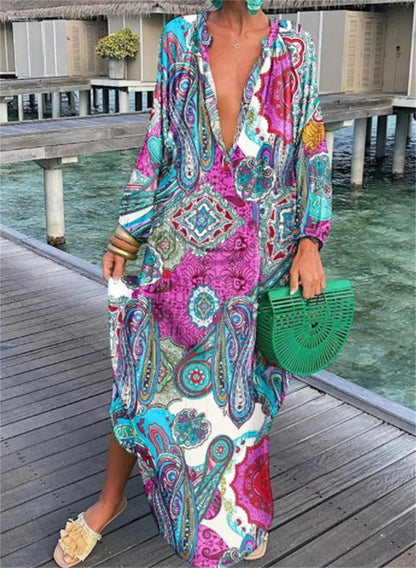 Bold Print Pullover Long Sleeve V-Neck Long Loose Dress, Spring and Summer Collection