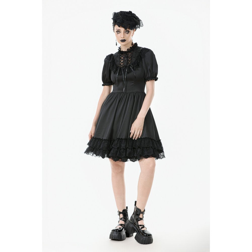 Dark in Love Belladonna Lace-Up High Collar Puff Sleeve Goth Dress, Plus Sizes