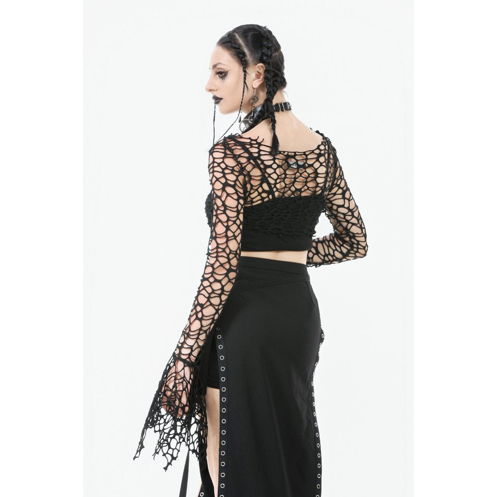 Dark in Love Morana Mesh Crochet-Knit Bell Sleeve Crop Top