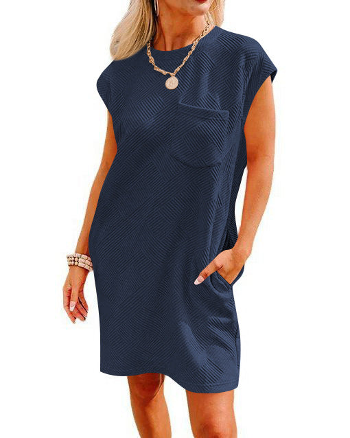 Vireous Round-Neck Short-Sleeve Dress with Pockets, Multi Colours