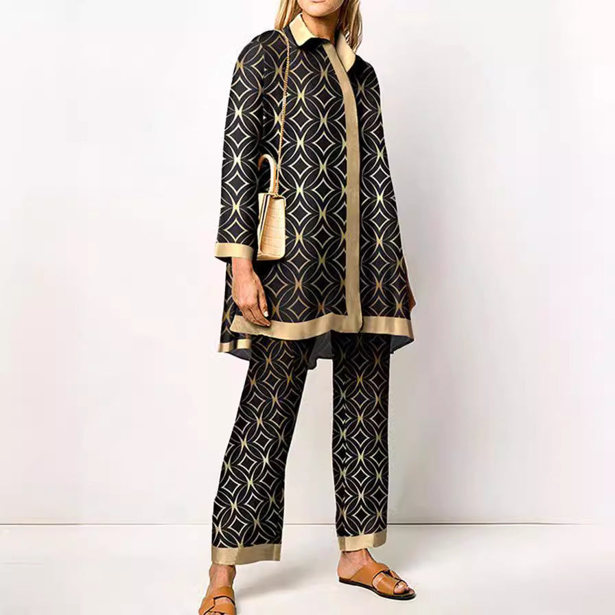 Women's Long-Sleeve Bold Print Barbarella-Style Two-Piece Trouser Suit