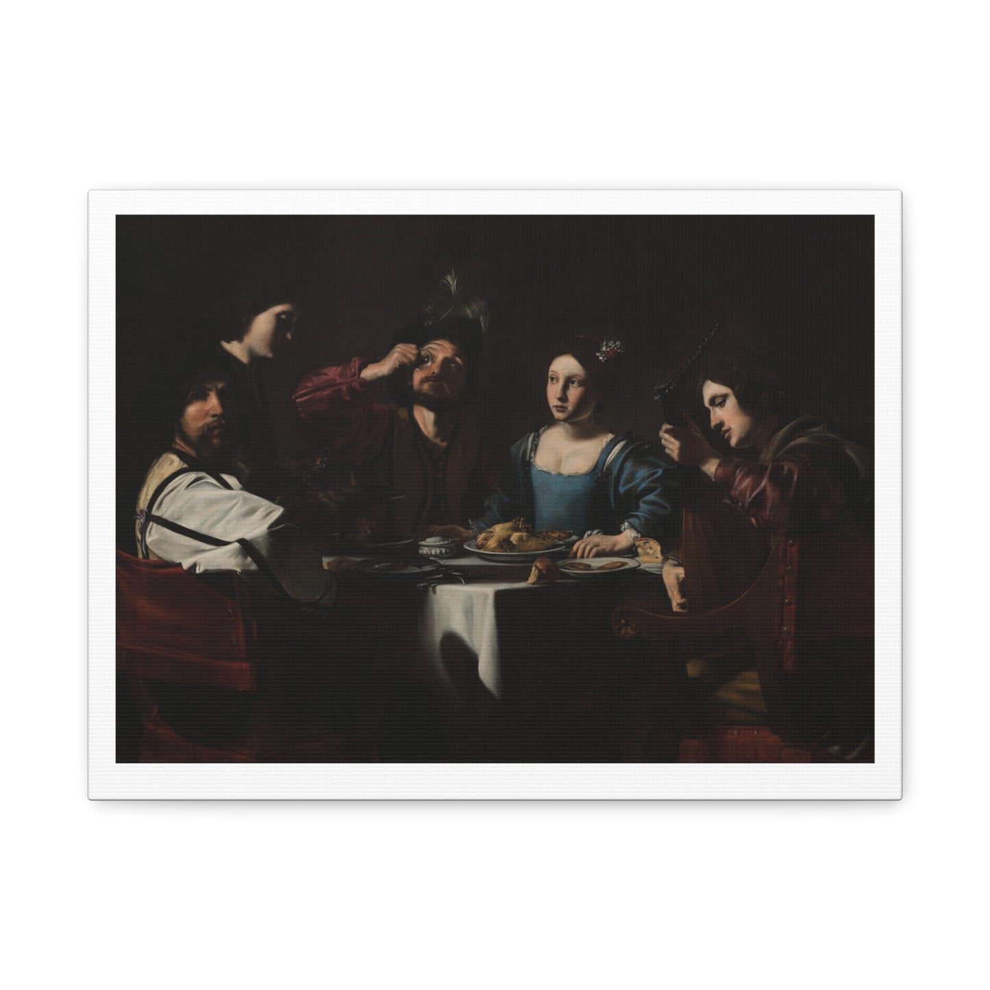 Banquet Scene with a Lute Player (1625) by Nicolas Tournier, from the Original on Satin Canvas