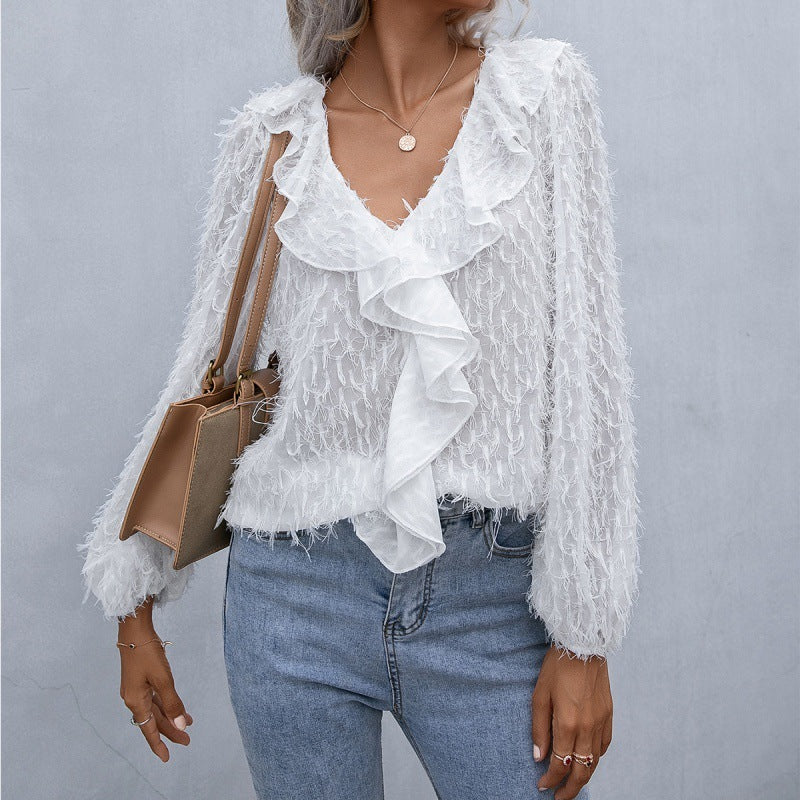 Ruffled Fringed Feather Long-Sleeve Blouse