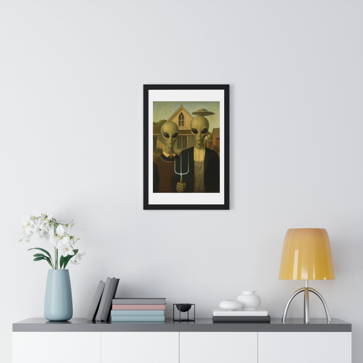 American Gothic Remixed, Midwestern American Aliens 'Designed by AI', Framed Art Print