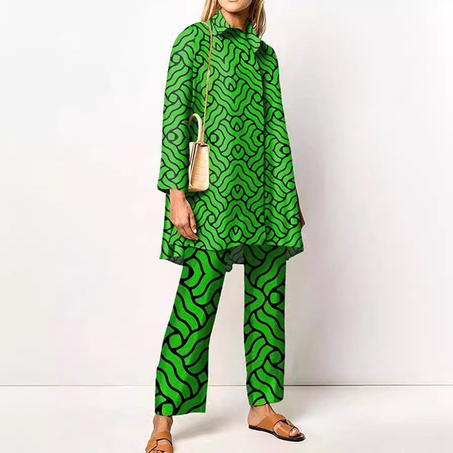 Women's Long-Sleeve Bold Print Barbarella-Style Two-Piece Trouser Suit