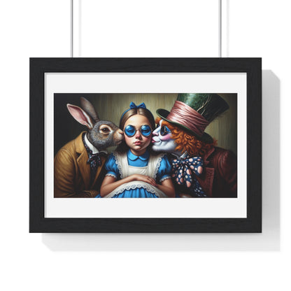 In Wonderland’s Soft Lantern Glow, Alice Receives a Kiss from Rabbit and Hatter 'Designed by AI' Framed Art Print